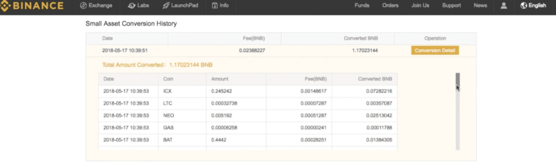 Binance Dust BNB