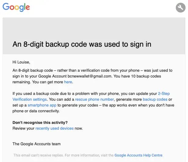 Gmail 8 Digit Back Up Code to restore account