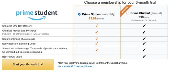 Cost of Amazon Prime Student