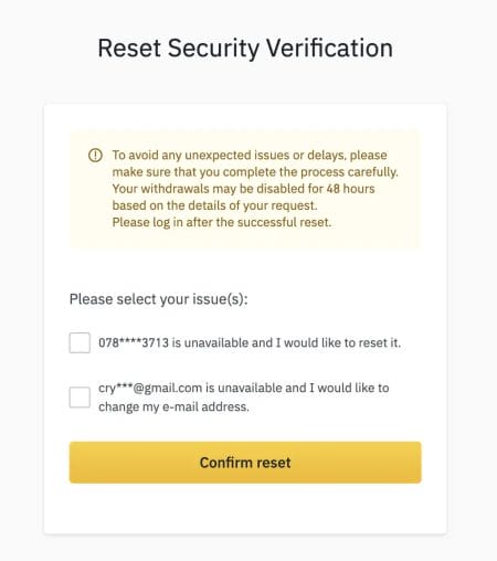 Reset Binance Security Verification