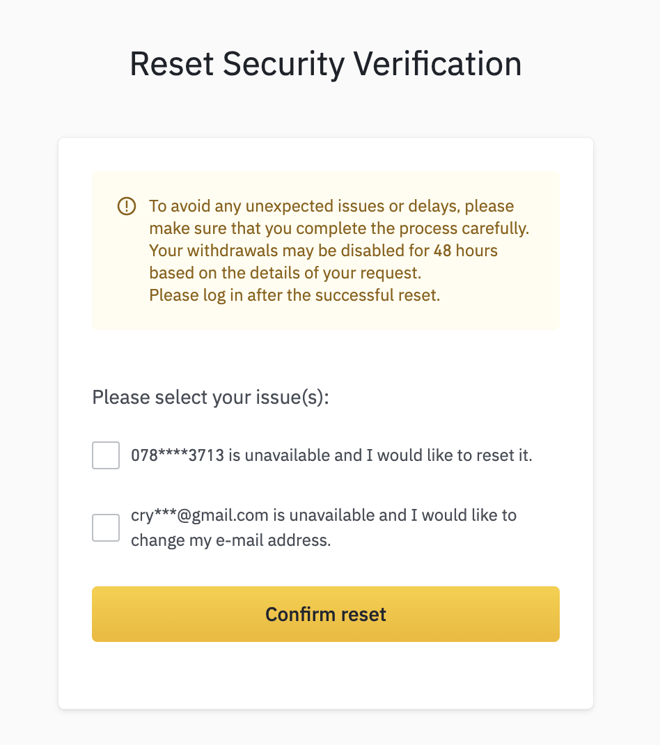 Reset Binance Security Verification