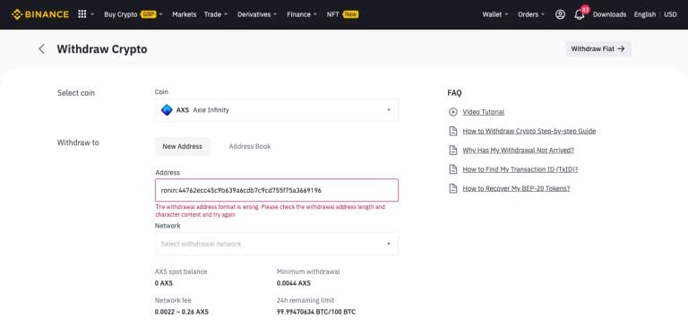 Withdraw AXS on Binance