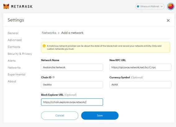 Avalanche Configure with MetaMask
