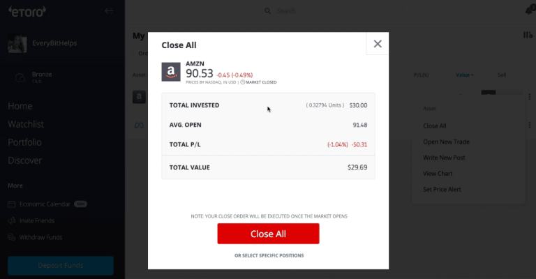 Closing trades on eToro
