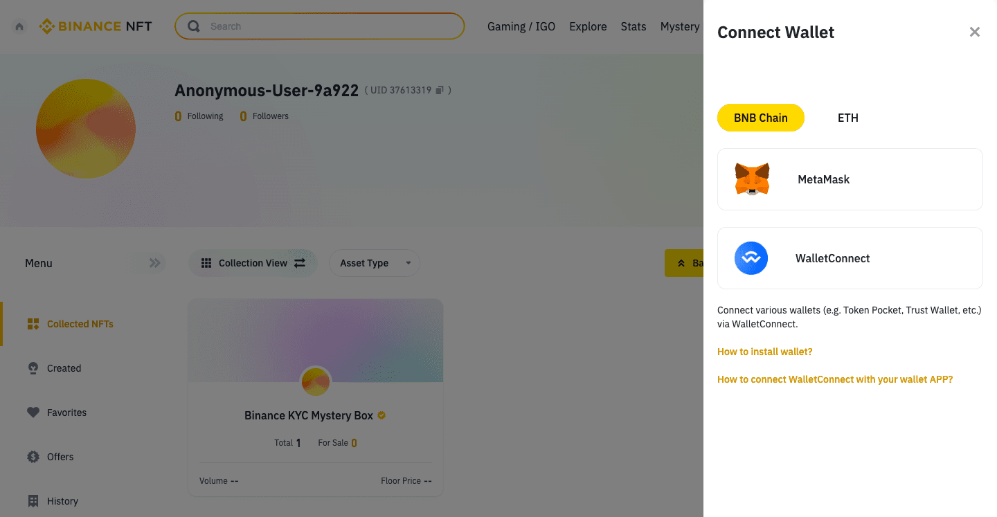 Deposit networks Binance NFT