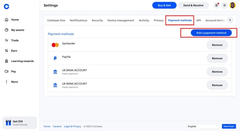 Step 2 of adding a Payment Method to Coinbase