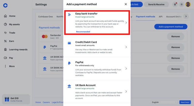Step 4 of adding a Payment Method to Coinbase