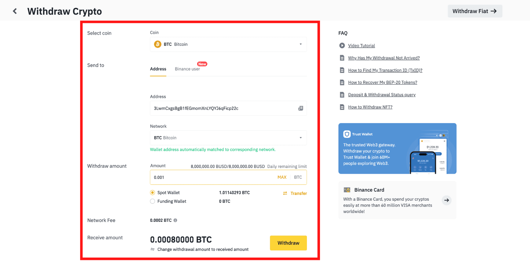 Step 4: Enter Withdrawal Address, Network & Amount