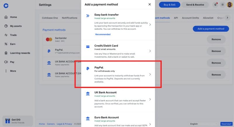 Add PayPal withdrawal method to Coinbase