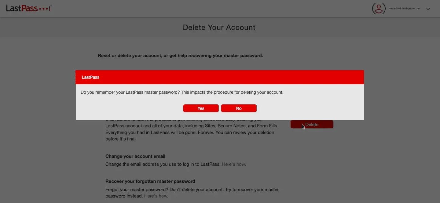 LastPass Delete with Master Password