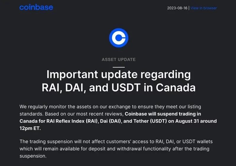Coinbase Will Suspend USDT, DAI and RAI Trading for Canadian Users